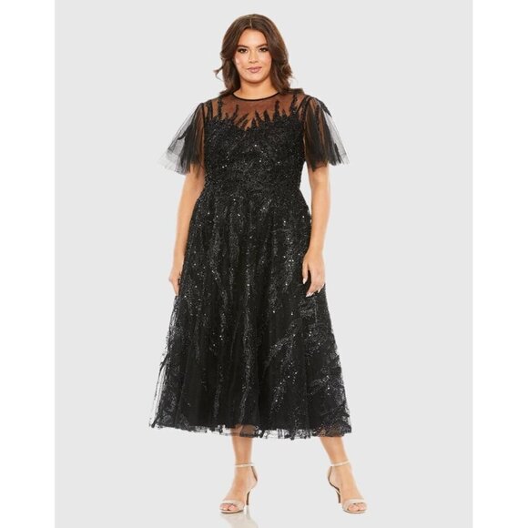 MAC DUGGAL Size 24 Black 20477 Flutter Sleeve Embellished Cocktail Midi Dress